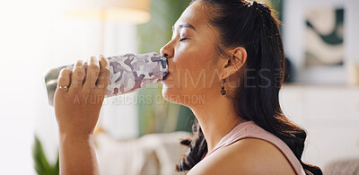Buy stock photo Woman, drinking and water with bottle in fitness for hydration, workout or exercise at home. Female person, thirsty or refreshment with mineral liquid for natural sustainability or diet at house