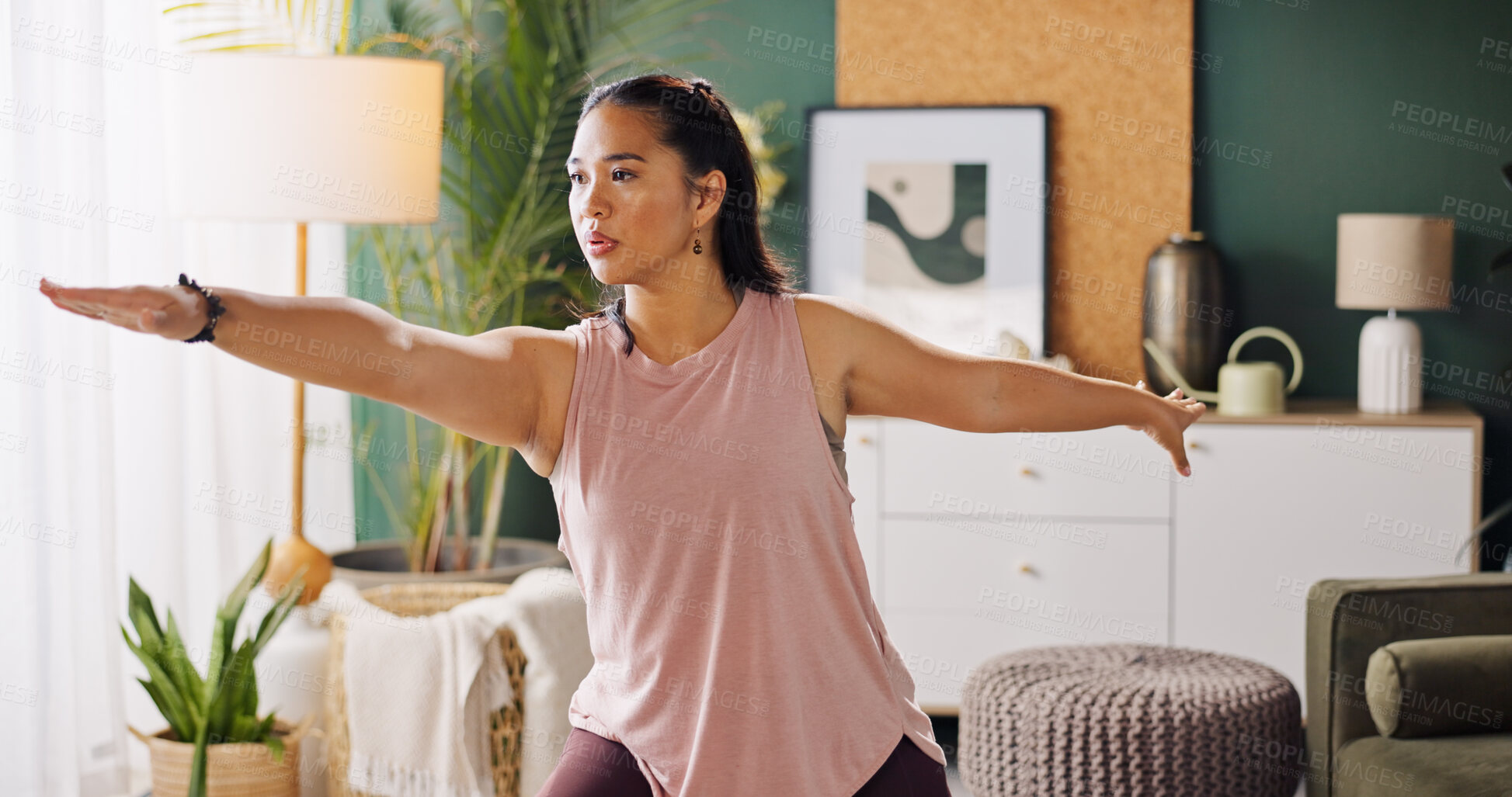 Buy stock photo Asian woman, yoga and stretching with balance for fitness, workout or exercise at home. Female person, yogi or warrior pose with warm up, flexibility or zen for spiritual mindfulness or awareness