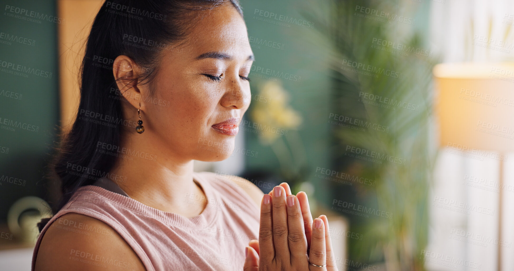 Buy stock photo Happy woman, hands and meditation with namaste for inner peace, spiritual wellness or awareness at home. Female person, yogi or zen with mindfulness for yoga, balance or stress relief at house