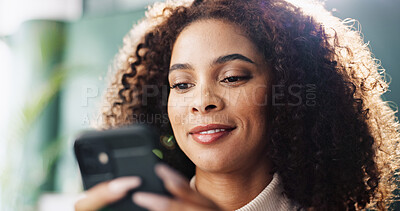 Buy stock photo Reading, message and woman with smartphone, relax and smile for communication with contact and online. Social media, connection and person with mobile for chat, happy and girl with tech for texting