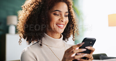 Buy stock photo Typing, message and woman with smartphone, home and smile for communication with contact and online. Relax, connection and person with mobile for chat, happy and girl with tech for texting in house