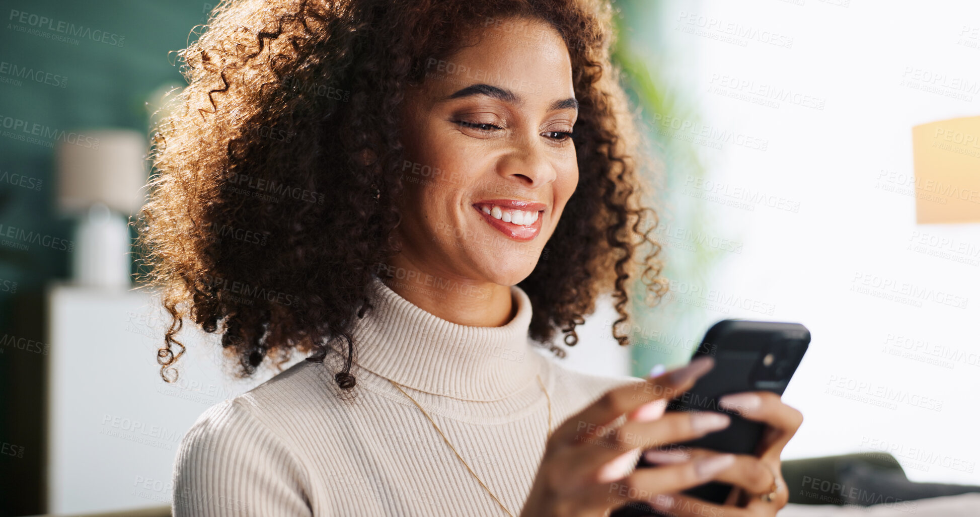 Buy stock photo Typing, message and woman with smartphone, home and smile for communication with contact and online. Relax, connection and person with mobile for chat, happy and girl with tech for texting in house