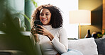 Relax, texting and woman with smartphone, home and smile for communication with contact and online. Resting, connection and person with mobile for chat, happy and girl with tech for message in house