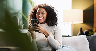 Buy stock photo Relax, texting and woman with smartphone, home and smile for communication with contact and online. Resting, connection and person with mobile for chat, happy and girl with tech for message in house