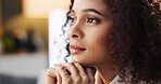 Thinking, vision and woman in home with reflection for mindset, inspiration and planning future. Idea, daydreaming and female person with thoughts for decision, remember memory and insight in profile