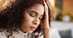 Frustrated woman, depression and headache with stress in trauma for mistake or financial crisis at home. Tired, female person or disappointed with anxiety, migraine or mental health for debt at house