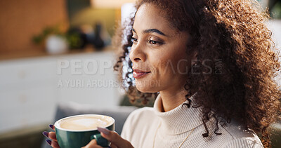 Buy stock photo Happy woman, coffee and thinking with mug for morning beverage, drink or caffeine on sofa at home. Female person, cup or wonder with smile or dream for cappuccino, latte or espresso on couch at house