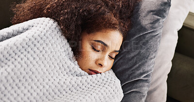 Buy stock photo Relax, sleeping and blanket with woman on sofa for resting, eyes closed and tired. Fatigue, low energy and calm with female person and nap in living room of home for exhausted, dreaming and break