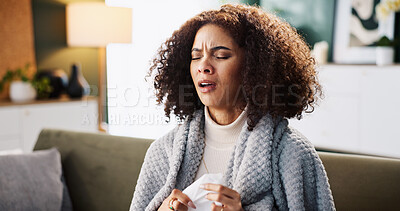 Buy stock photo Sneeze, sick and tissue with woman on sofa for medical recovery, illness and flu season. Disease, fatigue and fever with female person and blanket in living room at home for virus outbreak and cold