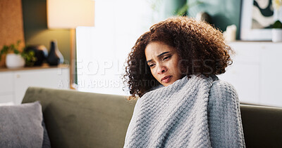 Buy stock photo Tired, sick and blanket with woman on sofa for medical recovery, illness and flu season. Disease, fatigue and fever with female person in living room at home for virus outbreak, infection and cold