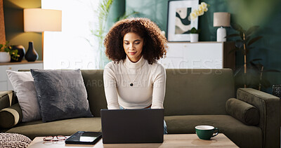Buy stock photo Sofa, woman and typing with laptop for remote work, editing information and content writer at home. Freelancer, female person and journalist with digital for interior newspaper, article or blog story