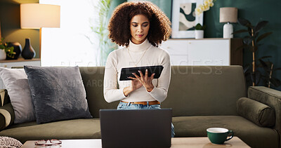 Buy stock photo Sofa, woman and laptop with tablet for remote work, editing information and content writer at home. Freelancer, female person and journalist with digital for interior newspaper, article or blog story