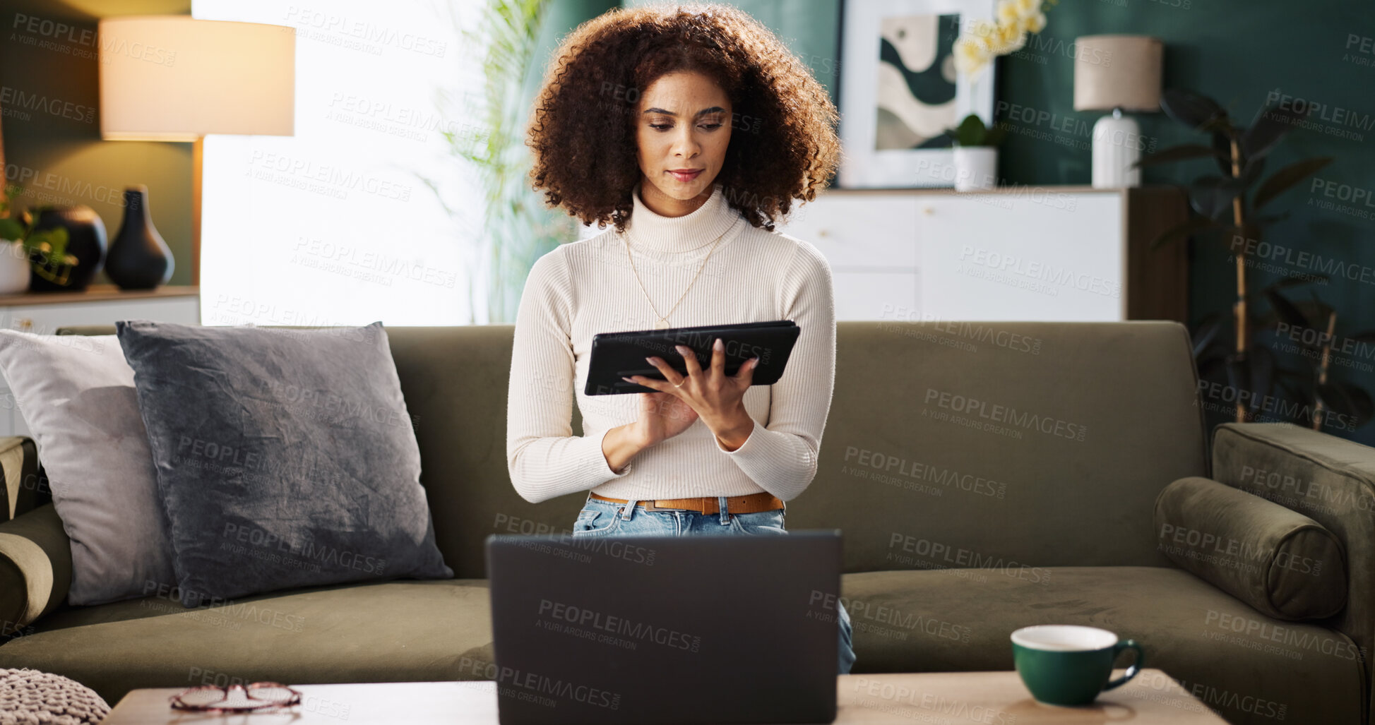 Buy stock photo Sofa, woman and laptop with tablet for remote work, editing information and content writer at home. Freelancer, female person and journalist with digital for interior newspaper, article or blog story