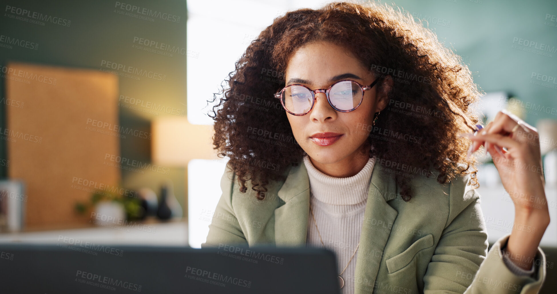 Buy stock photo Office, reading and woman with glasses, laptop and media coordinator with budget for ad campaign. Online, review and person with tech for audience engagement, startup and schedule in business