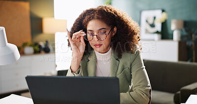 Buy stock photo Business, reading and woman with glasses, laptop and media coordinator with budget for ad campaign. Online, review and person with tech for audience engagement, creative and schedule in office