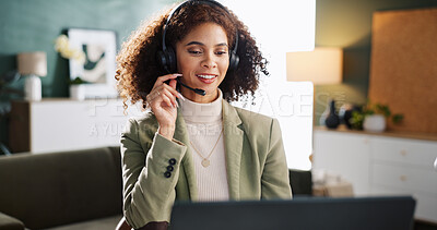 Buy stock photo Woman, smile and headset with laptop at house of customer service, contact us and consultant advice. Person, mic and remote work for feedback of property insurance, online solution and helping client