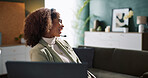 Woman, headset and laugh with laptop at house for customer service, funny joke and advice from consultant. Person, remote work and feedback for property insurance, online solution and helping client