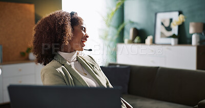 Buy stock photo Woman, headset and laugh with laptop at house for customer service, funny joke and advice from consultant. Person, remote work and feedback for property insurance, online solution and helping client