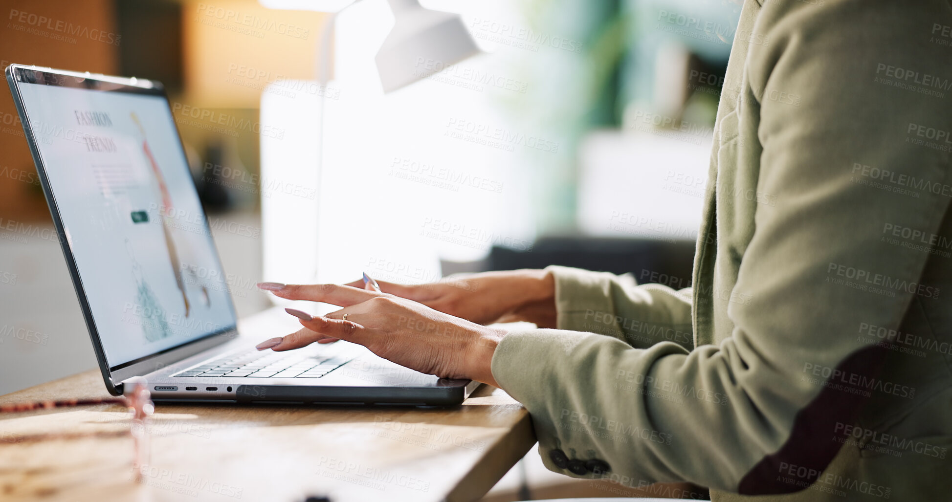 Buy stock photo Hands, employee and typing in office, laptop and copywriter with article for website, screen and online. Business, copywriting and person with tech for ad campaign, digital marketing and research