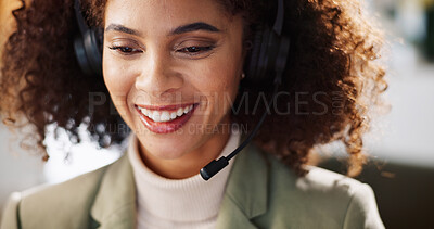 Buy stock photo Smile, woman and mic with headset at call centre for customer service, contact us and consultant advice. Person, online and helping client with solution for property insurance, crm and tech support