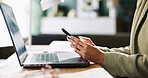 Hands, employee and typing in office, smartphone and copywriter with article for website, screen and chat. Business, person and communication with contact for ad campaign, copywriting and laptop