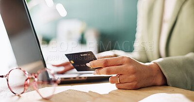 Buy stock photo Credit card, hands and laptop with woman in office for company purchase, SaaS subscription or digital payment. Online banking, fintech and business budget with closeup of person for debit transaction