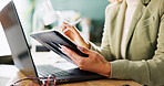 Business, hands and woman in workplace, tablet and internet with research for economy stats. Closeup, person or employee with stylus, accounting or tech for email, financial report or digital app
