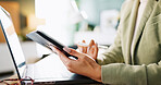 Business, hands and woman in office, tablet and internet with research for economy stats. Closeup, person or employee in workplace, accounting or technology for email, financial report or digital app