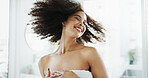 Happy woman, laughing or afro hair care in bathroom with confidence for grooming, growth or volume. Shampoo, fun or playful African person with beauty, cosmetics results and curly texture in home