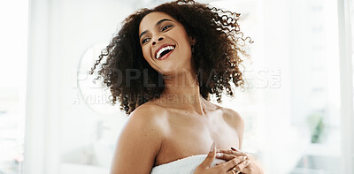 Buy stock photo African woman, laughing and hair care in bathroom with smile for grooming, growth and volume in home. Shampoo, morning and afro person with confidence, cosmetics results or curly texture for beauty