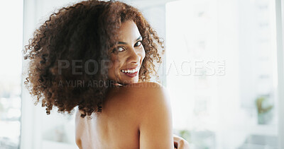 Buy stock photo African woman, portrait and curly hair in bathroom with smile for grooming, growth and volume in home. Shampoo, morning and happy person with confidence, cosmetics results or afro texture for beauty