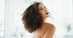 Happy woman, laughing or curly hair in bathroom with confidence for portrait, growth or volume. Shampoo, funny joke or playful African person with beauty, cosmetics results and afro texture in home