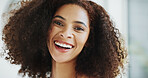 African woman, portrait and curly hair in bathroom with smile for grooming, growth and volume in home. Shampoo, morning and happy afro person with confidence, cosmetics results or texture for beauty