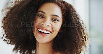 Buy stock photo African woman, portrait and curly hair in bathroom with smile for grooming, growth and volume in home. Shampoo, morning and happy afro person with confidence, cosmetics results or texture for beauty