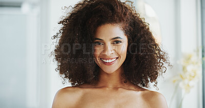 Buy stock photo African woman, portrait and hair care in bathroom with smile for grooming, growth and volume in home. Shampoo, morning and afro person with confidence, cosmetics results or curly texture for beauty