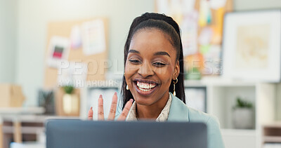 Buy stock photo Laptop, video call and wave with business black woman in office for virtual meeting or webinar. Computer, greeting and smile of happy African employee in creative workplace for online communication
