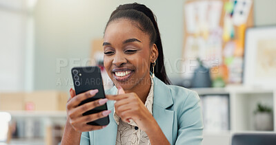 Buy stock photo Business, black woman and scroll with phone in office for social media, work break or streaming service. Designer, happy or employee with smartphone for text message, internet research or online post