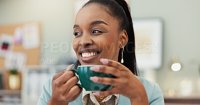 Buy stock photo Thinking, coffee and business black woman in office with inspiration, project ideas and planning in morning. Creative agency, professional and happy person with drink, beverage and espresso on break