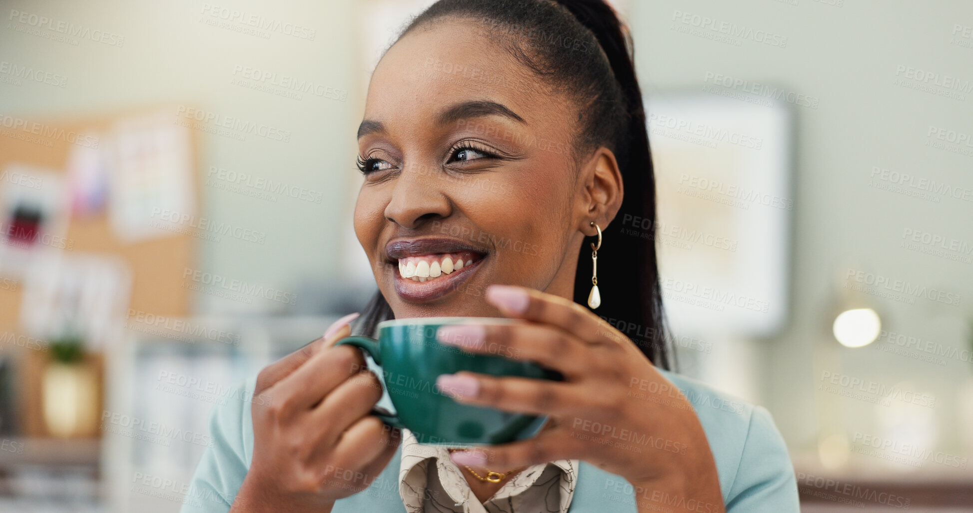 Buy stock photo Thinking, coffee and business black woman in office with inspiration, project ideas and planning in morning. Creative agency, professional and happy person with drink, beverage and espresso on break