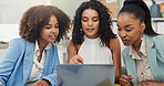 Laptop, team planning and business women brainstorming project for interior design. Computer, collaboration or creative group discussion for color ideas or decor sourcing at startup office in meeting