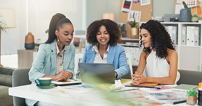 Buy stock photo Laptop, fashion designer and group discussion with business women brainstorming project theme. Computer, collaboration and creative team planning, ideas and fabric color in meeting at startup office