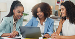 Laptop, meeting and planning with business women brainstorming project for interior design. Computer, collaboration and happy creative team discussion, color ideas or decor sourcing at startup office