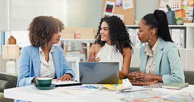 Buy stock photo Laptop, fashion designer and talking with business women brainstorming project theme. Computer, collaboration and happy creative team planning, ideas and fabric color in meeting at startup office