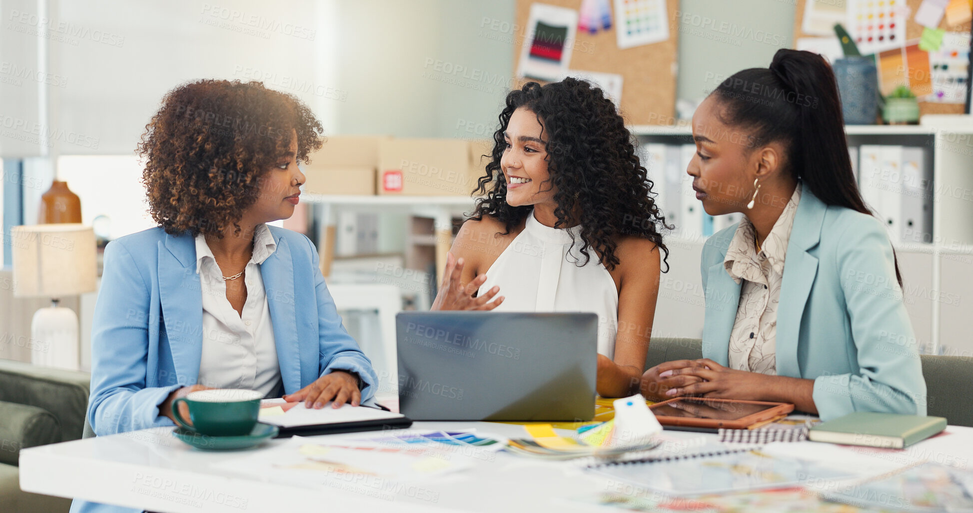 Buy stock photo Laptop, fashion designer and talking with business women brainstorming project theme. Computer, collaboration and happy creative team planning, ideas and fabric color in meeting at startup office