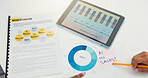 Tablet, documents and above of business person in office for sales, marketing report and ai results. Professional, creative and worker with charts, statistics and graph for research, project and data