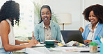 Laptop, team and planning with business women brainstorming for interior design. Computer, collaboration and happy creative group in discussion for color ideas or decor sourcing at startup office