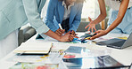 Creative, color swatch and hands of business people in meeting for interior decor, moodboard and teamwork. Palette option, brainstorming and design agency with employees in startup for remodeling
