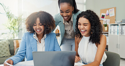 Buy stock photo Laptop, fashion designer and business women in discussion, laugh and funny joke. Computer, collaboration and happy creative team planning clothing ideas and fabric color in meeting at startup office