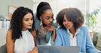 Laptop, talking and group of business women brainstorming project for interior design. Computer, collaboration and creative team planning color ideas, meeting and decor sourcing at startup office