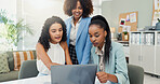 Laptop, fashion designer and group planning with women brainstorming project theme. Computer, business and creative team discussion for ideas, fabric or clothing color in meeting at startup office